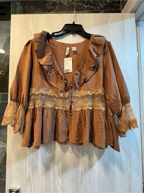 H&M Brown Ruffle Lace-Trim Peasant Blouse